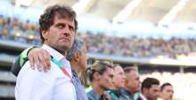 PERTH, AUSTRALIA - MARCH 01: Joe Montemurro, Head Coach of Australia looks on during national anthems prior to the AFC Women's Asian Cup Australia 2026 match between Australia Matildas and Phillippines at Perth Stadium on March 01, 2026 in Perth, Australia. (Photo by Paul Kane/Getty Images)
