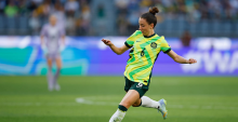 PERTH, AUSTRALIA - MARCH 01: Clare Wheeler of Australia passes the ball during the AFC Women's Asian Cup Australia 2026 match between Australia Matildas and Phillippines at Perth Stadium on March 01, 2026 in Perth, Australia. (Photo by James Worsfold/Getty Images)