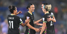 GOLD COAST, AUSTRALIA - MARCH 05: Amy Sayer of Australia celebrates with teammates after scoring the teams first goal during the AFC Women's Asian Cup Australia 2026 match between Islamic Republic of Iran and Australia Matildas at Gold Coast Stadium on March 05, 2026 in Gold Coast, Australia. (Photo by Albert Perez/Getty Images)