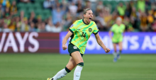 PERTH, AUSTRALIA - MARCH 13: Alanna Kennedy of Australia celebrates scoring her team's first goal during the AFC Women's Asian Cup Australia 2026 match between Australia Matildas and DPR Korea at Perth Rectangular Stadium on March 13, 2026 in Perth, Australia. (Photo by Paul Kane/Getty Images)