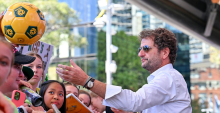 SYDNEY, AUSTRALIA - MARCH 22: Head coach Joe Montemurro of Australia interacts with fans during the Australian Matildas Asian Cup Thank You Event at Tumbalong Park on March 22, 2026 in Sydney, Australia. (Photo by Ayush Kumar/Getty Images)
