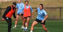 MELBOURNE, AUSTRALIA - APRIL 28: Leticia McKenna of Melbourne City controls the ball during a Melbourne City A-League Women training session on April 28, 2026 in Melbourne, Australia. (Photo by Robert Cianflone/Getty Images)