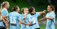 MELBOURNE, AUSTRALIA - MAY 02: Leticia McKenna of the City is congratulated by team mates after scoring a goal during leg one of the A-League Women Semi Final series between Melbourne Victory and Melbourne City at AAMI Park, on May 02, 2026, in Melbourne, Australia. (Photo by Josh Chadwick/Getty Images)
