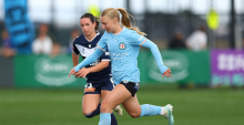 MELBOURNE, AUSTRALIA - MAY 09: Holly McNamara of Melbourne City in action during Leg two of the A-League Women Semi Final series between Melbourne City and Melbourne Victory at ctrl:cyber Pitch on May 09, 2026 in Melbourne, Australia. (Photo by Graham Denholm/Getty Images)