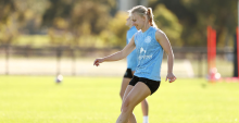 MELBOURNE, AUSTRALIA - MAY 15: Holly McNamara of Melbourne City warms up during a Melbourne City A-League Women training session at ctrl:cyber Pitch on May 15, 2026 in Melbourne, Australia. (Photo by Morgan Hancock/Getty Images)