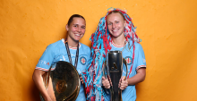 MELBOURNE, AUSTRALIA - MAY 16: Leticia McKenna and Holly McNamara of Melbourne City pose after Melbourne City won the grand final after the A-League Women Grand Final match between Melbourne City and Wellington Phoenix at AAMI Park, on May 16, 2026, in Melbourne, Australia. (Photo by Robert Cianflone/Getty Images)
