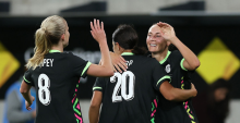 SYDNEY, AUSTRALIA - JUNE 09: Caitlin Foord of Australia celebrates scoring his team's third goal with Sam Kerr of Australia and Kaitlyn Torpey of Australia during the women's international friendly match between Australia Matildas and Mexico at CommBank Stadium on June 09, 2026 in Sydney, Australia. (Photo by Mark Metcalfe/Getty Images)